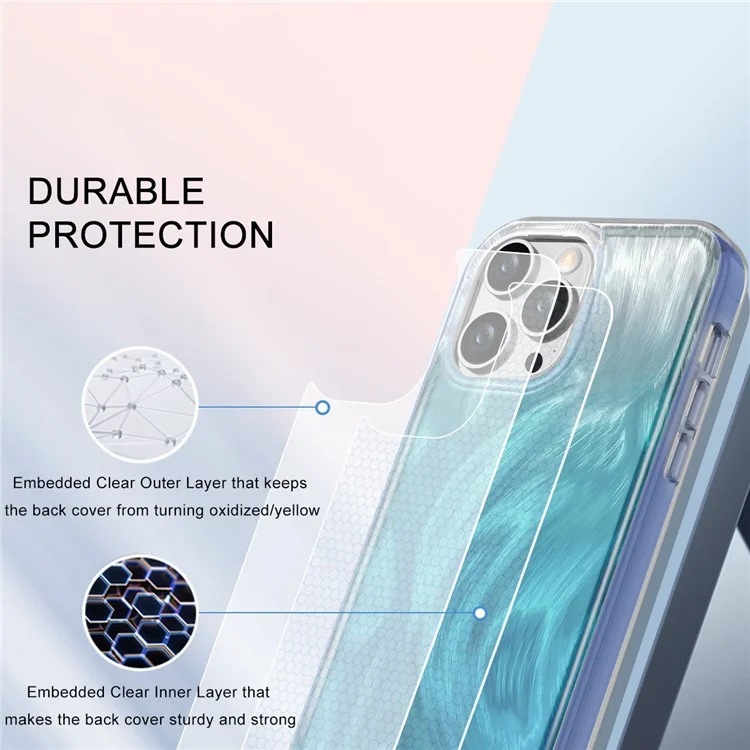 For iPhone 13 Pro Max 6.7 inch Case Gradient Feather Pattern Camera Protection Phone Cover - Blue