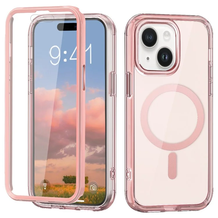 For iPhone 15 Plus Magnetic Case PC+TPU Clear Phone Cover with PET Screen Film - Pink