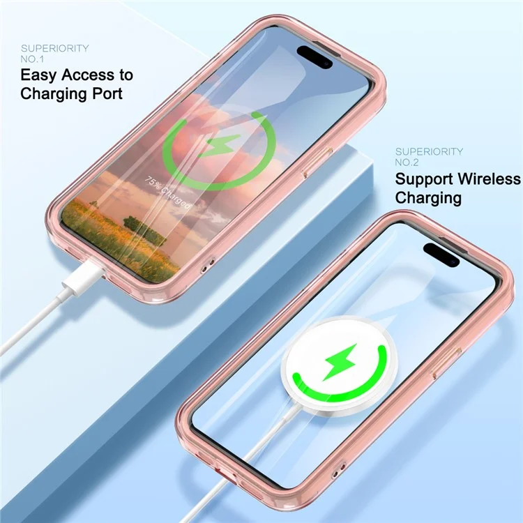 For iPhone 15 Plus Magnetic Case PC+TPU Clear Phone Cover with PET Screen Film - Pink