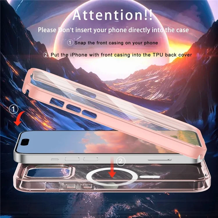 For iPhone 15 Plus Magnetic Case PC+TPU Clear Phone Cover with PET Screen Film - Pink