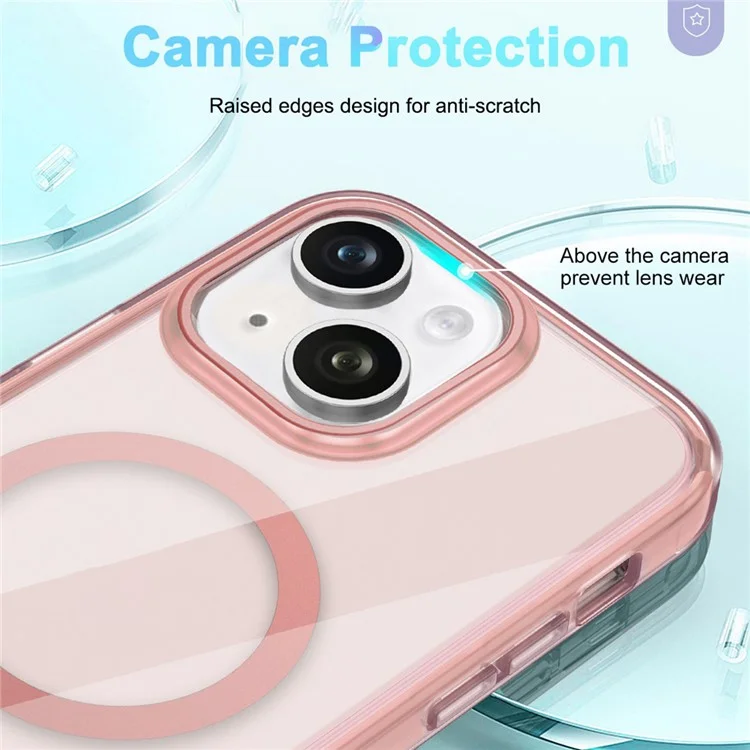 For iPhone 15 Plus Magnetic Case PC+TPU Clear Phone Cover with PET Screen Film - Pink