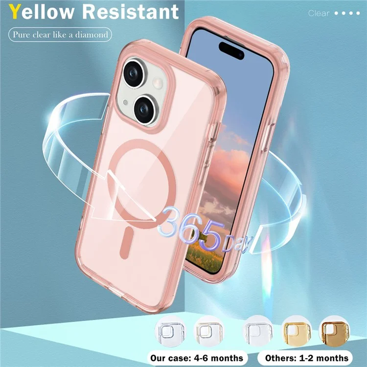 For iPhone 15 Plus Magnetic Case PC+TPU Clear Phone Cover with PET Screen Film - Pink