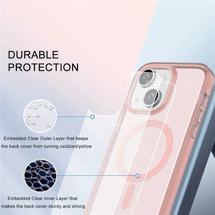 For iPhone 15 Plus Magnetic Case PC+TPU Clear Phone Cover with PET Screen Film - Pink