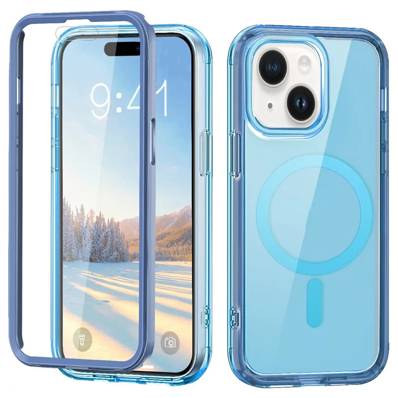 For iPhone 15 Plus Magnetic Case PC+TPU Clear Phone Cover with PET Screen Film - Blue