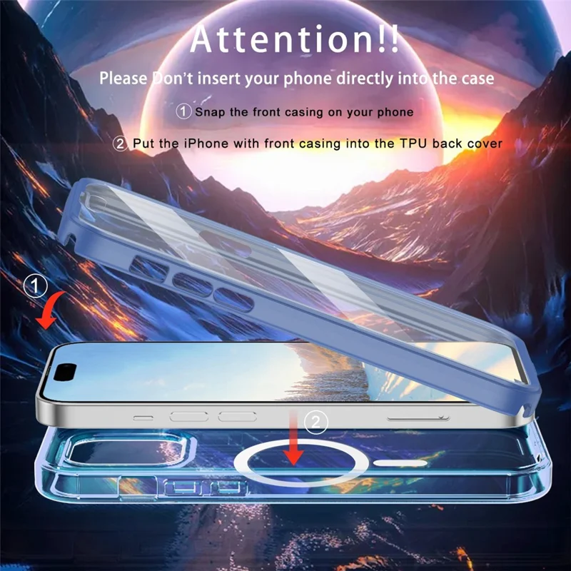 For iPhone 15 Plus Magnetic Case PC+TPU Clear Phone Cover with PET Screen Film - Blue