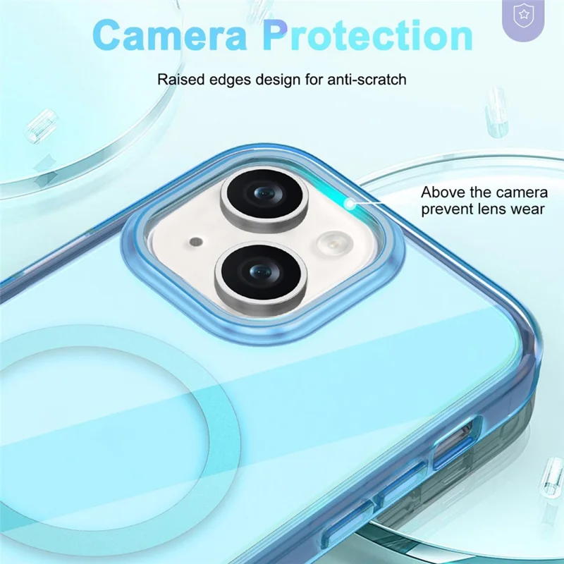 For iPhone 15 Plus Magnetic Case PC+TPU Clear Phone Cover with PET Screen Film - Blue