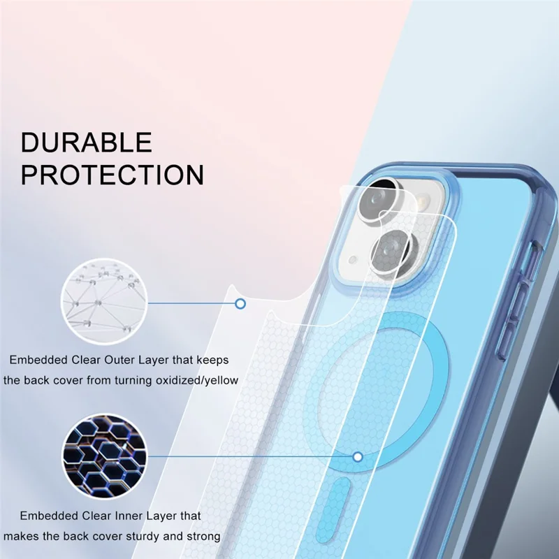For iPhone 15 Plus Magnetic Case PC+TPU Clear Phone Cover with PET Screen Film - Blue