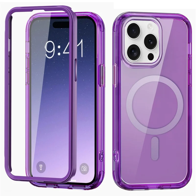 For iPhone 15 Pro Max Case Compatible with MagSafe PC + TPU Clear Phone Cover with PET Screen Film - Dark Purple