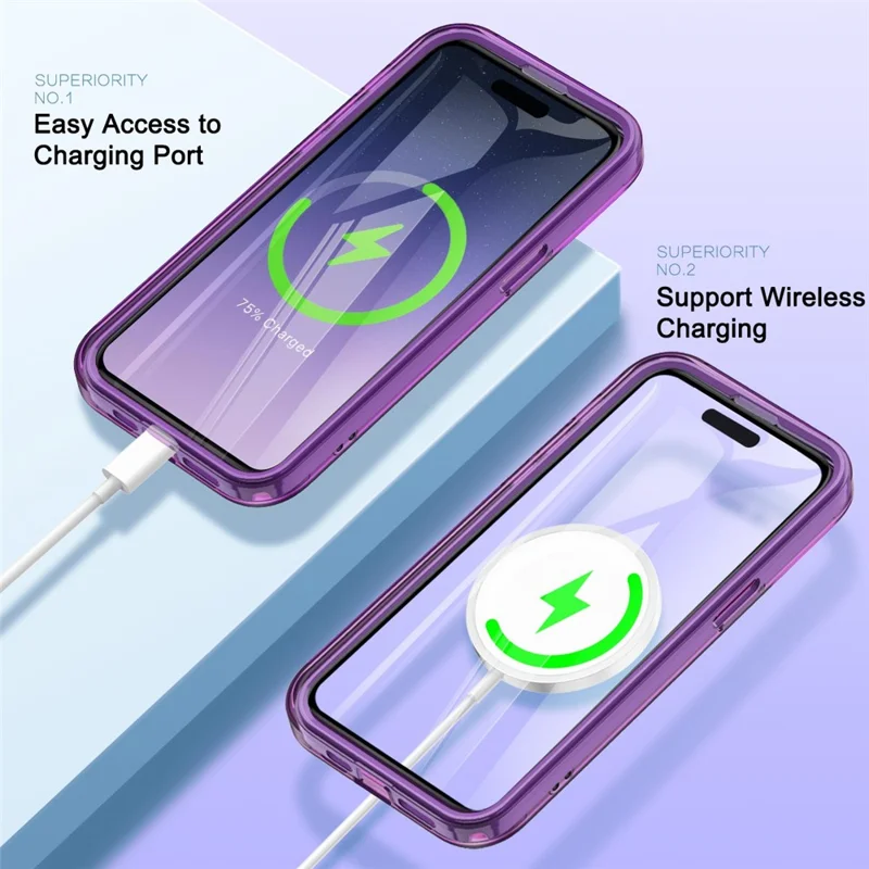 For iPhone 15 Pro Max Case Compatible with MagSafe PC + TPU Clear Phone Cover with PET Screen Film - Dark Purple