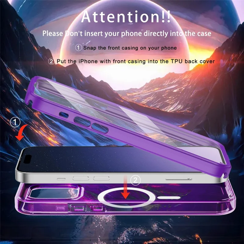 For iPhone 15 Pro Max Case Compatible with MagSafe PC + TPU Clear Phone Cover with PET Screen Film - Dark Purple