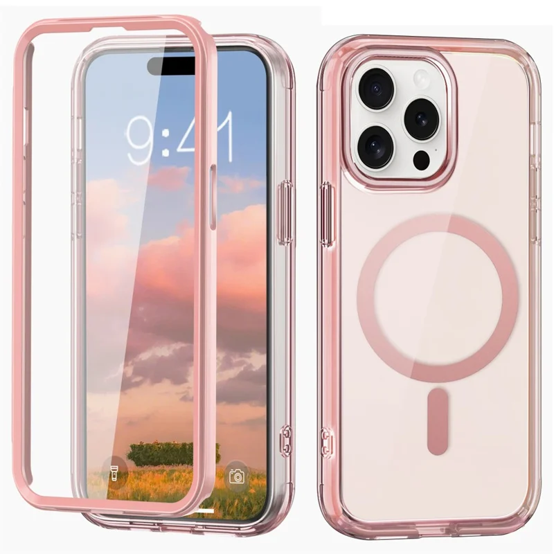 For iPhone 14 Pro Max Magnetic Case PC+TPU+PET Drop-proof Clear Phone Cover - Pink