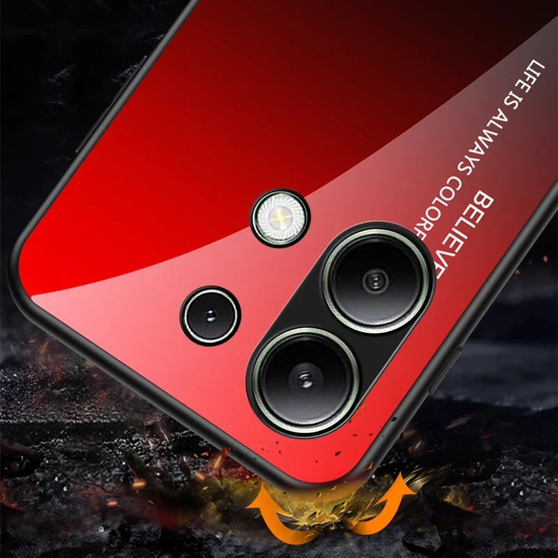 For Xiaomi Redmi Note 13 4G Shockproof Tempered Glass Case Anti-Scratch Cell Phone Cover - Gradient Red Black