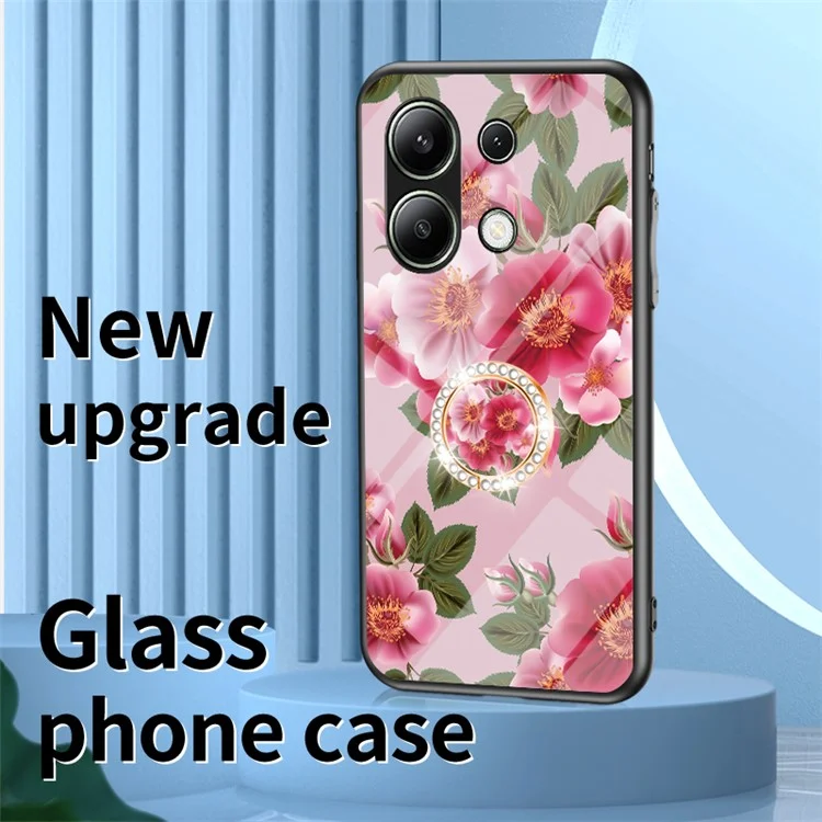 For Xiaomi Redmi Note 13 4G Case Tempered Glass Pattern Printing Phone Cover with Ring Kickstand - White Flower Bush