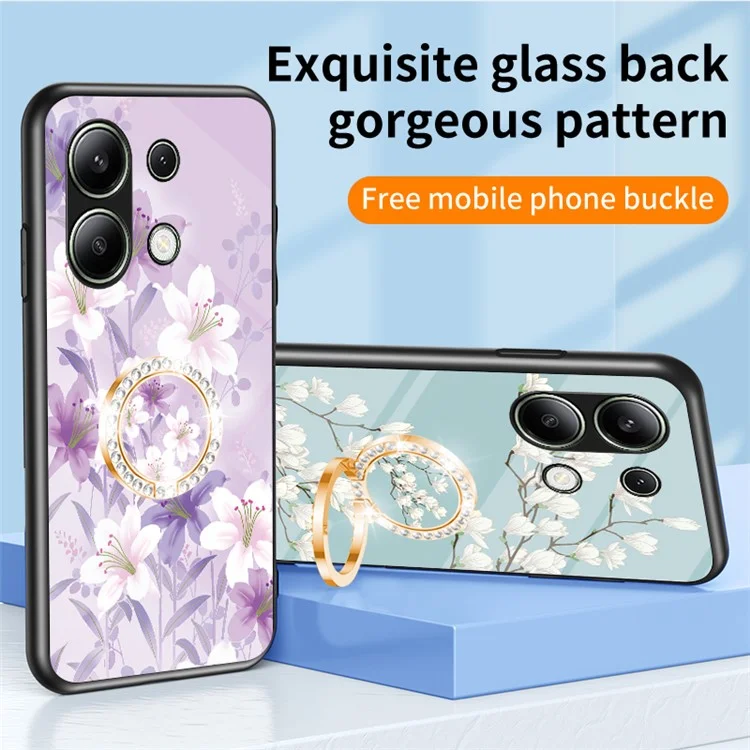 For Xiaomi Redmi Note 13 4G Case Tempered Glass Pattern Printing Phone Cover with Ring Kickstand - White Flower Bush