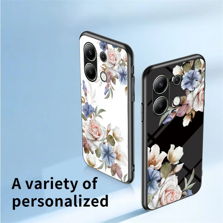 For Xiaomi Redmi Note 13 4G Case Tempered Glass Pattern Printing Phone Cover with Ring Kickstand - White Flower Bush