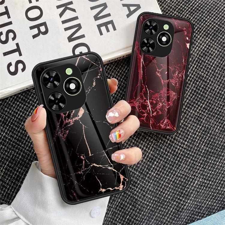 For Transsion Infinix Smart 8 4G Tempered Glass Case Marble Pattern Anti-drop Phone Cover - Black Marble