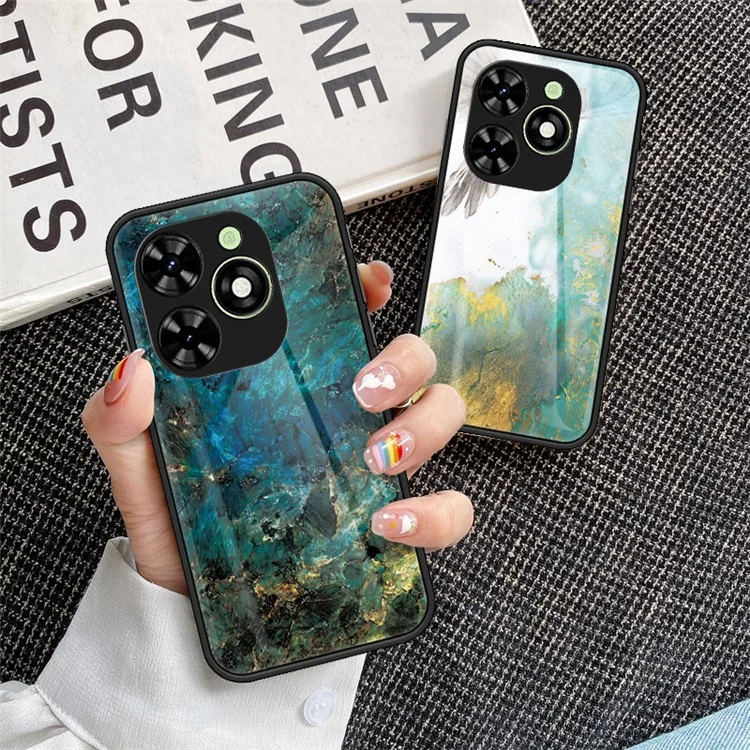 For Infinix Smart 8 4G Tempered Glass Case Marble Pattern Anti-Drop Phone Cover - Black Marble