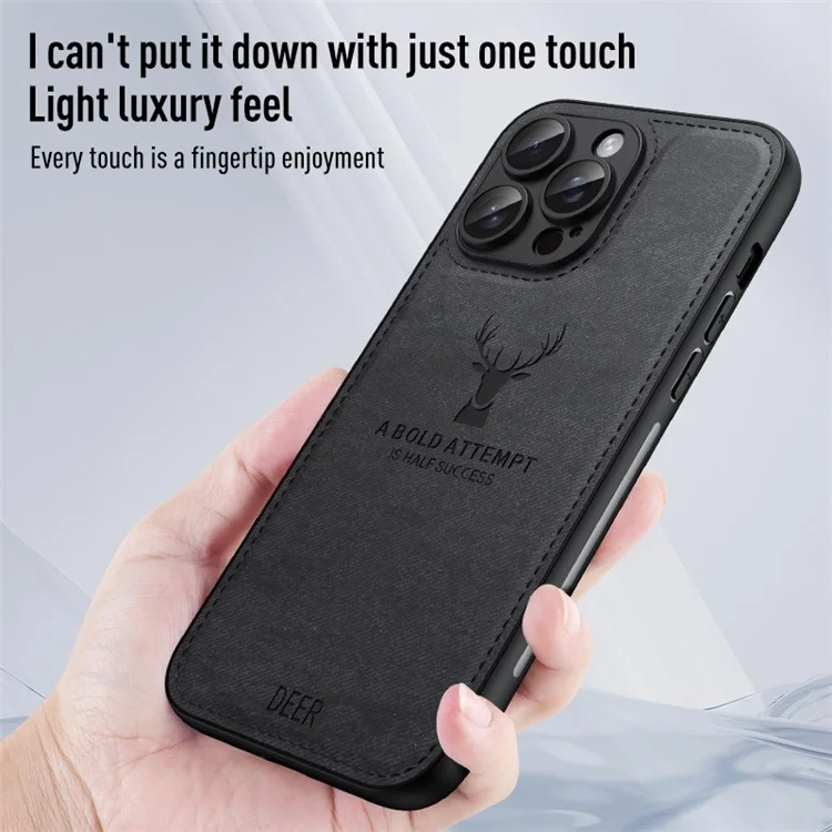 Para iPhone 14 Pro Deer Pattern Case Cloth Texture PU Leather Phone Back Cover - Black
