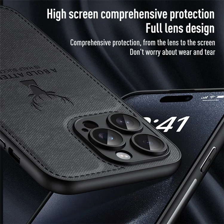 Para iPhone 14 Pro Deer Pattern Case Cloth Texture PU Leather Phone Back Cover - Black