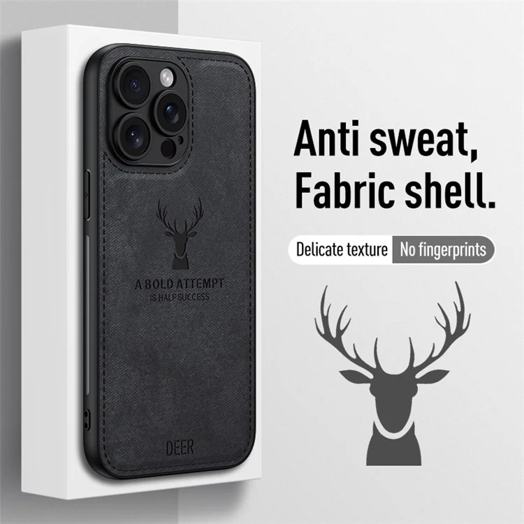Para iPhone 14 Pro Deer Pattern Case Cloth Texture PU Leather Phone Back Cover - Black