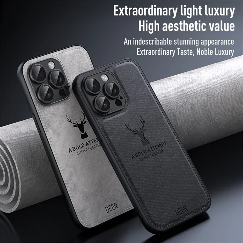 For iPhone 13 Pro Max Phone Case PU Leather Coated PC+TPU Deer Pattern Cover - Grey