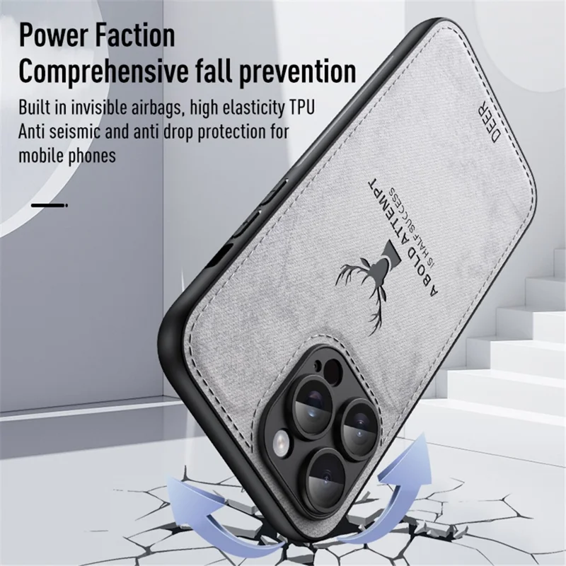 For iPhone 13 Pro Max Phone Case PU Leather Coated PC+TPU Deer Pattern Cover - Grey