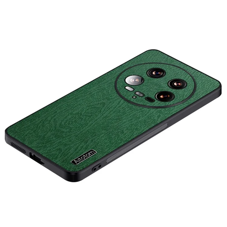 For Xiaomi 14 Ultra Case PU Leather Coated PC+TPU Back Phone Cover with Wood Texture - Green