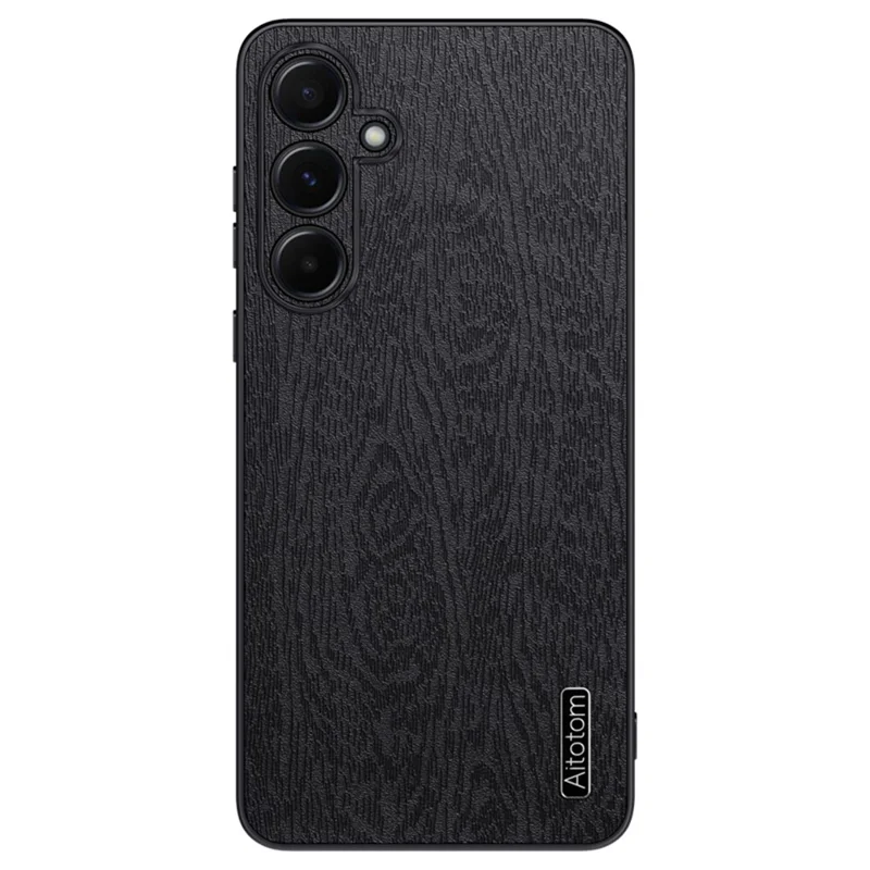 For Samsung Galaxy A55 5G Phone Case Wood Texture Leather Coated PC+TPU Anti-drop Cover - Black