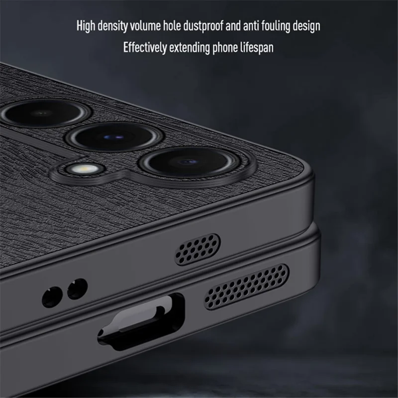 For Samsung Galaxy A55 5G Phone Case Wood Texture Leather Coated PC+TPU Anti-drop Cover - Black