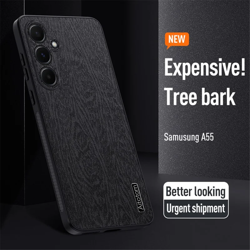 For Samsung Galaxy A55 5G Phone Case Wood Texture Leather Coated PC+TPU Anti-drop Cover - Black