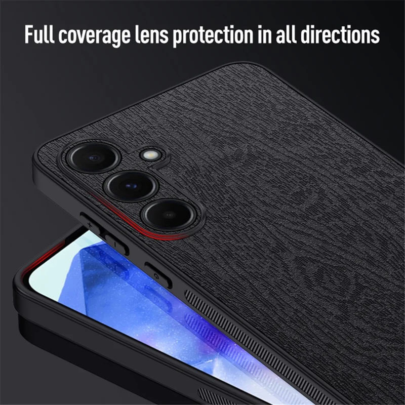 For Samsung Galaxy A55 5G Phone Case Wood Texture Leather Coated PC+TPU Anti-drop Cover - Black