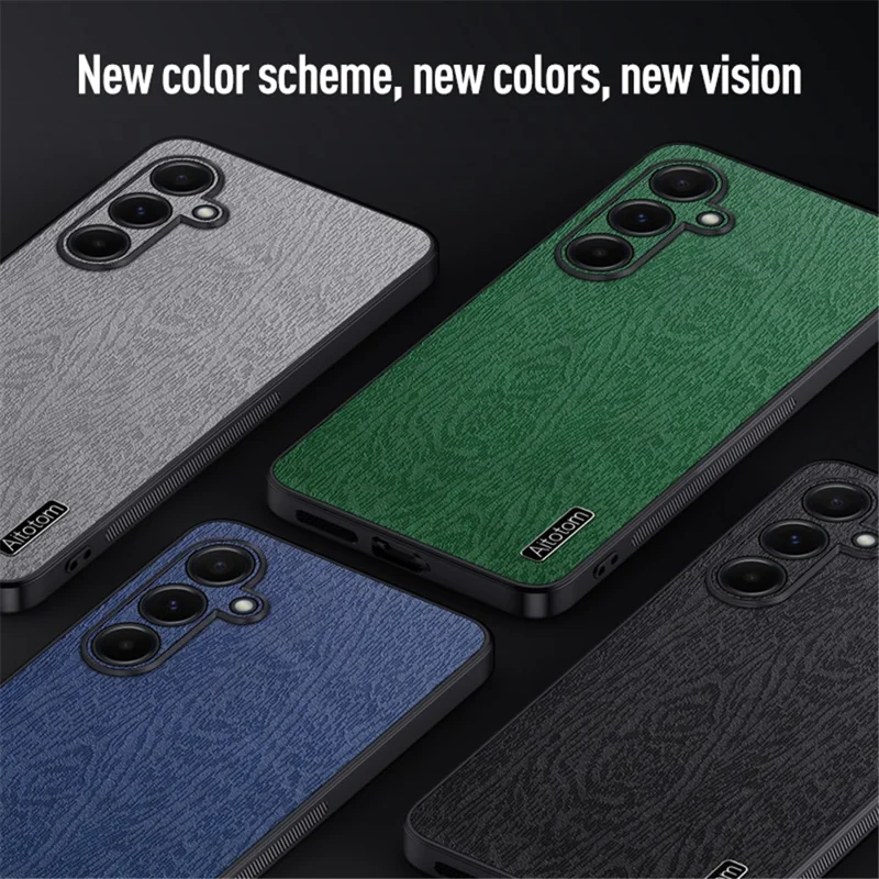 For Samsung Galaxy A55 5G Phone Case Wood Texture Leather Coated PC+TPU Anti-drop Cover - Black