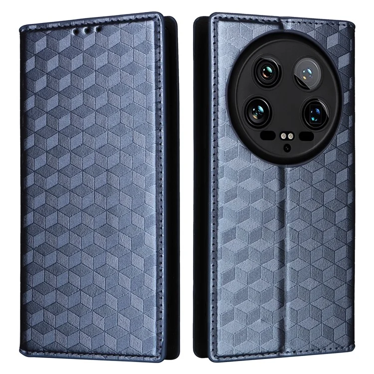 Estuche de cuero para Xiaomi 14 Ultra con relieve de rombos y soporte plegable - Azul