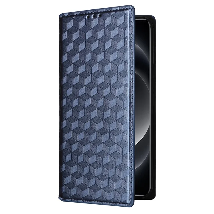 Estuche de cuero para Xiaomi 14 Ultra con relieve de rombos y soporte plegable - Azul