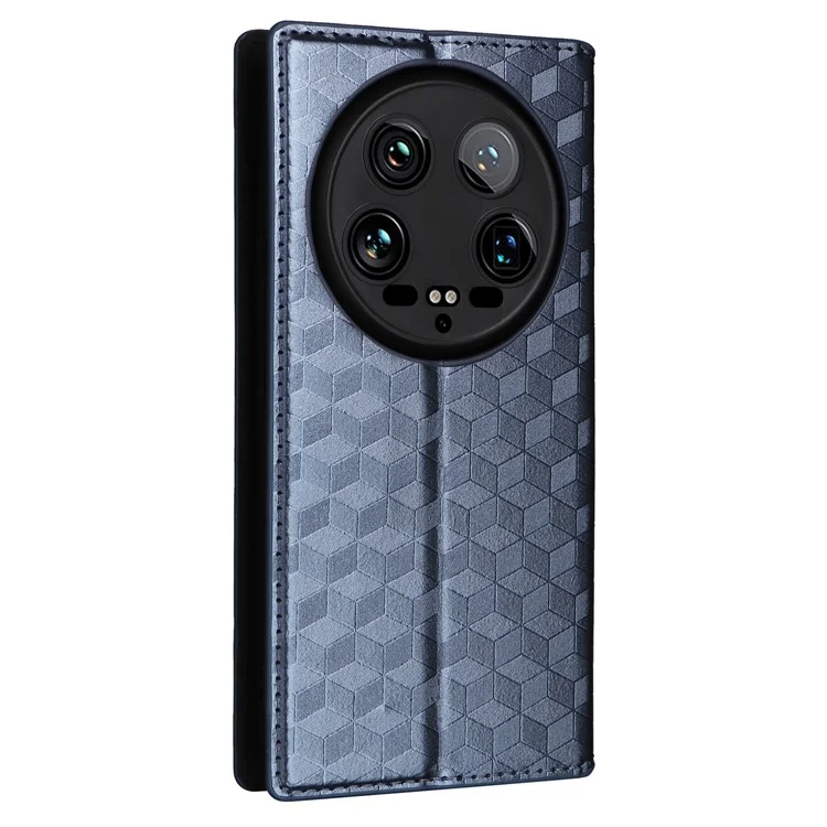 Estuche de cuero para Xiaomi 14 Ultra con relieve de rombos y soporte plegable - Azul