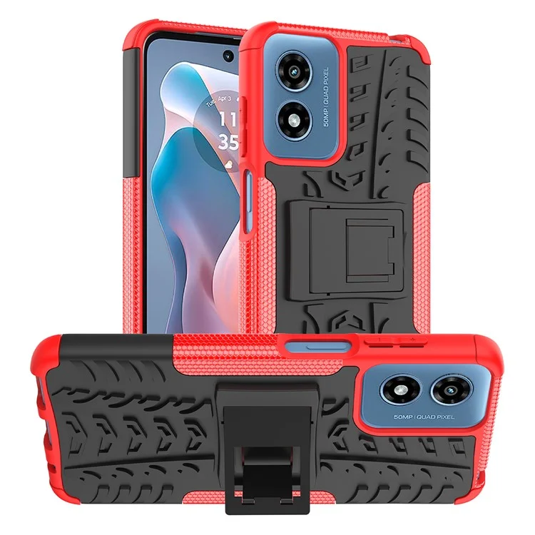 For Motorola Moto G Play (2024) 4G Case Kickstand PC+TPU Tyre Pattern Non-slip Phone Cover - Red