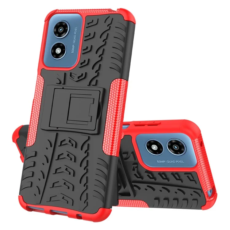 For Motorola Moto G Play (2024) 4G Case Kickstand PC+TPU Tyre Pattern Non-slip Phone Cover - Red