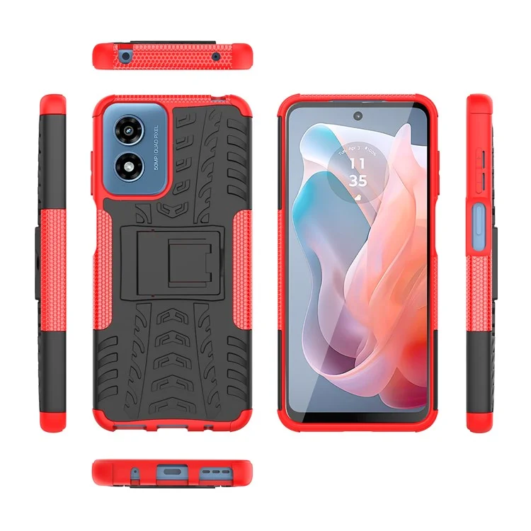 For Motorola Moto G Play (2024) 4G Case Kickstand PC+TPU Tyre Pattern Non-slip Phone Cover - Red