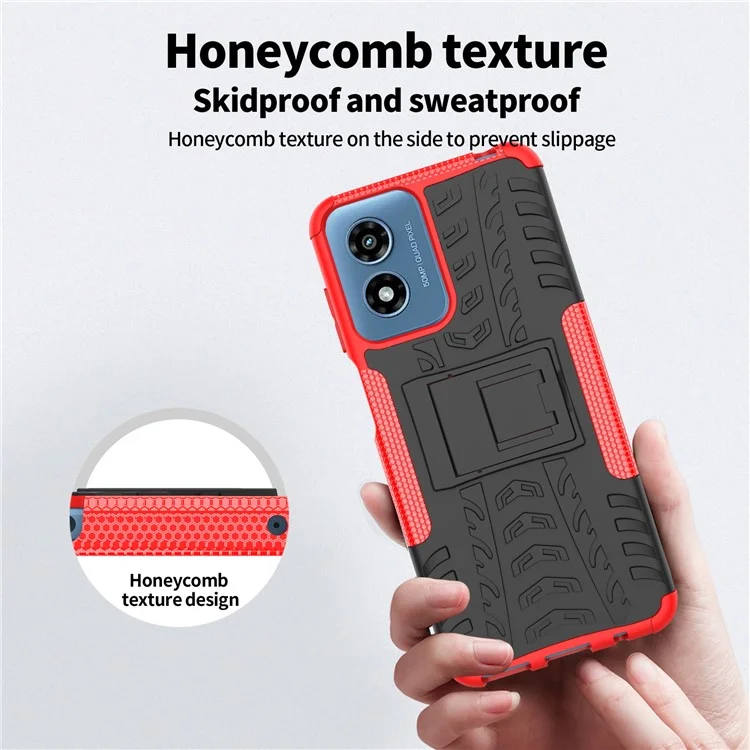 For Motorola Moto G Play (2024) 4G Case Kickstand PC+TPU Tyre Pattern Non-slip Phone Cover - Red