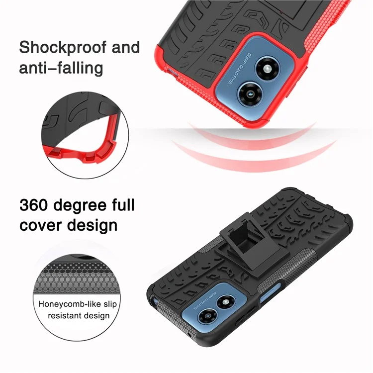 For Motorola Moto G Play (2024) 4G Case Kickstand PC+TPU Tyre Pattern Non-slip Phone Cover - Red