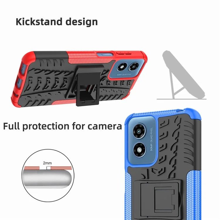 For Motorola Moto G Play (2024) 4G Case Kickstand PC+TPU Tyre Pattern Non-slip Phone Cover - Red