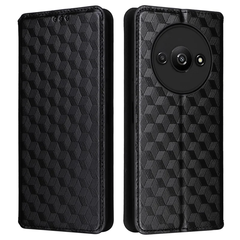 For Xiaomi Redmi A3 4G / Poco C61 4G Case Wallet PU Leather Phone Cover Rhombus Imprinted - Black