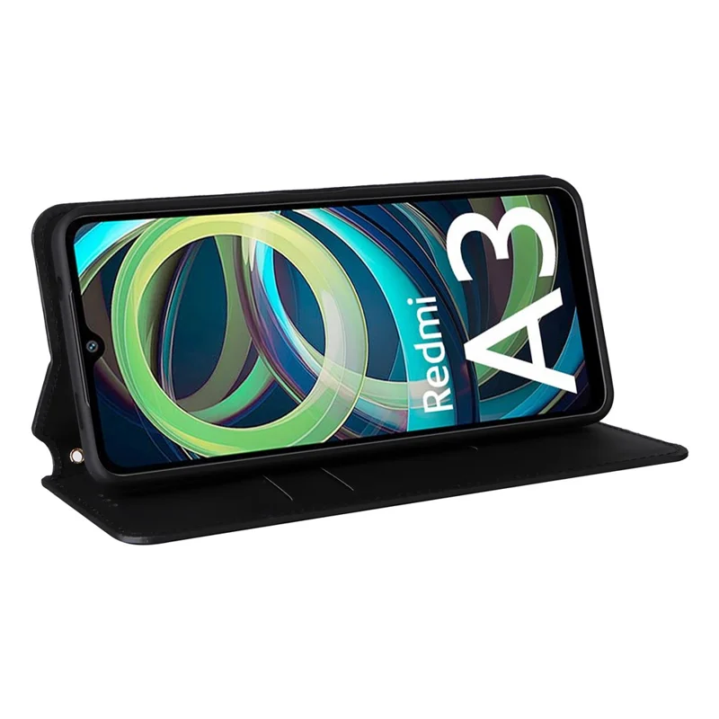 For Xiaomi Redmi A3 4G / Poco C61 4G Case Wallet PU Leather Phone Cover Rhombus Imprinted - Black