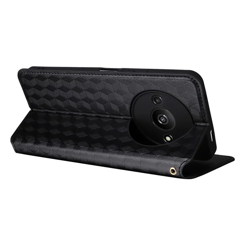 For Xiaomi Redmi A3 4G / Poco C61 4G Case Wallet PU Leather Phone Cover Rhombus Imprinted - Black