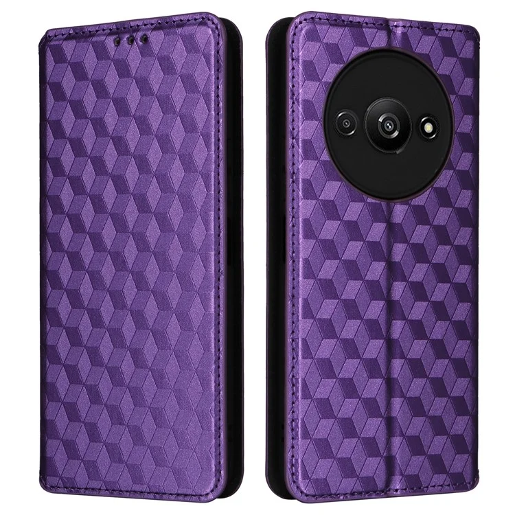 For Xiaomi Redmi A3 4G / Poco C61 4G Case Wallet PU Leather Phone Cover Rhombus Imprinted - Purple