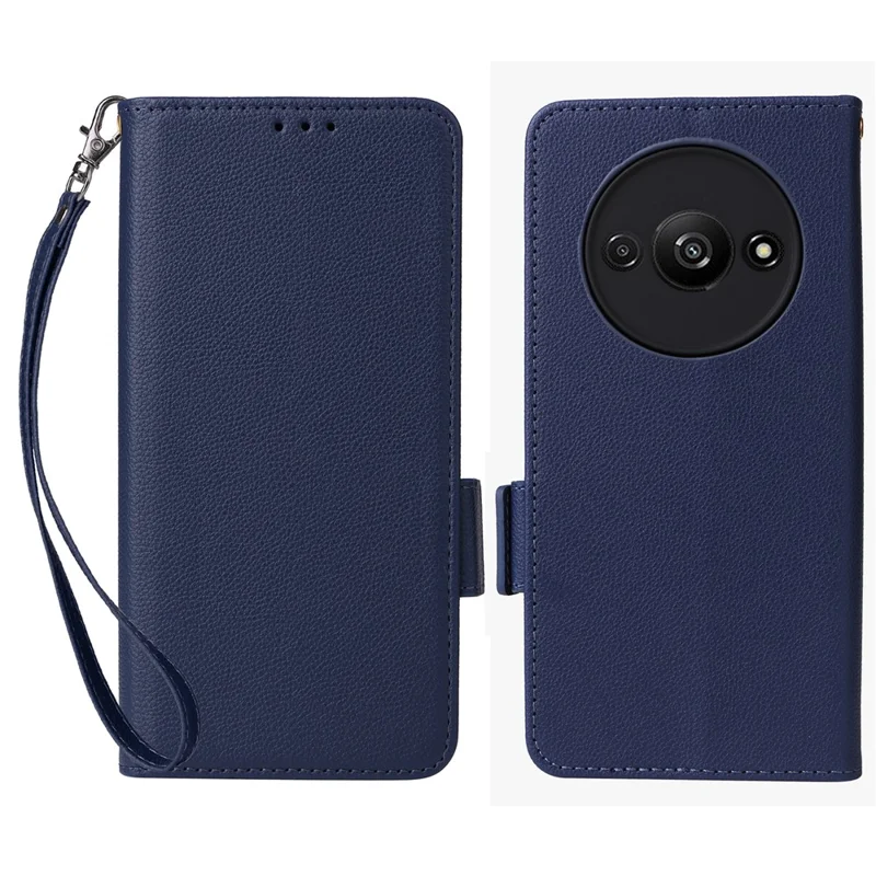 For Xiaomi Redmi A3 4G / Poco C61 4G Case with Wrist Strap Litchi Texture PU Leather Wallet Phone Cover - Dark Blue
