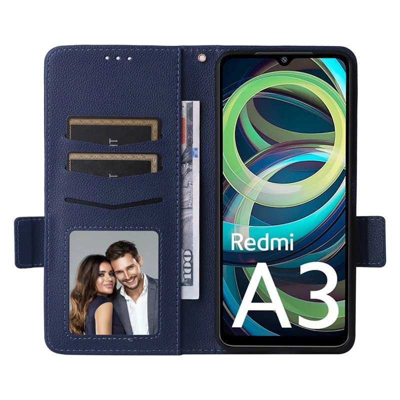 For Xiaomi Redmi A3 4G / Poco C61 4G Case with Wrist Strap Litchi Texture PU Leather Wallet Phone Cover - Dark Blue