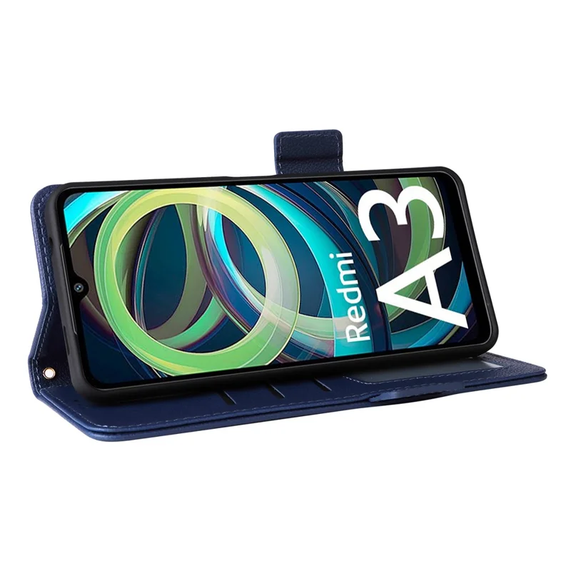 For Xiaomi Redmi A3 4G / Poco C61 4G Case with Wrist Strap Litchi Texture PU Leather Wallet Phone Cover - Dark Blue