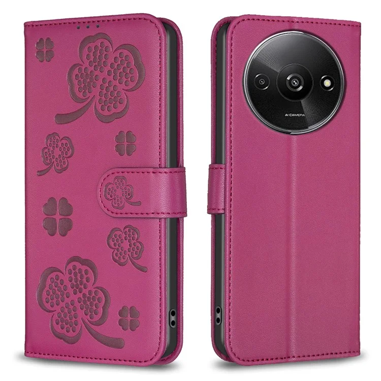 Per Xiaomi Redmi A3 4G / Poco C61 4G Custodia Quadrifoglio Flip Flip in pelle - Rosa