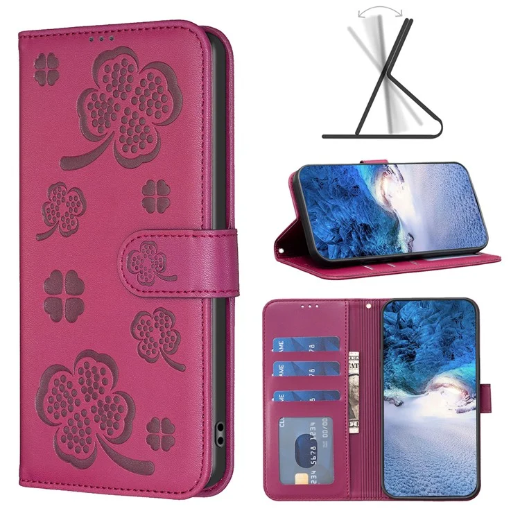 Per Xiaomi Redmi A3 4G / Poco C61 4G Custodia Quadrifoglio Flip Flip in pelle - Rosa